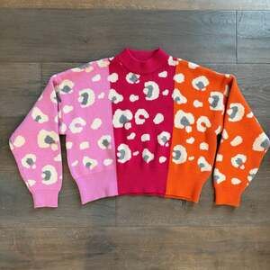THML Leopard Colorblock Knit Pullover Sweater Pink Red Orange Size Med